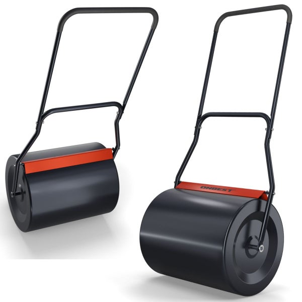 Rasenwalze aus Metall mit schwarzer Trommel, rotem Schmutzabstreifer und schwarzem Bügelgriff zur Bodenpflege.