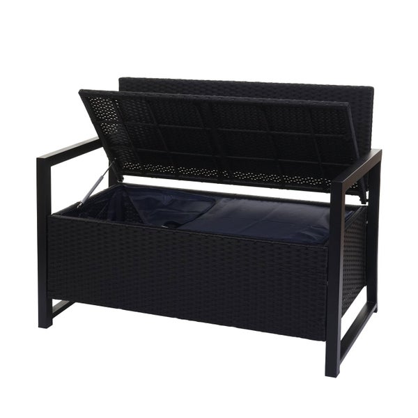 Schwarze Gartenbank aus Polyrattan mit integrierter Auflagenbox und geöffnetem Deckel.