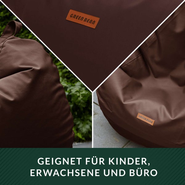 Green Bean Sitzsack aus Kunstleder mit EPS Perlen Füllung - 90 x 70 cm - Bean Bag Sitzkissen Sitzpuff Sitzsessel Bodenkissen Lounge - Dunkelbraun