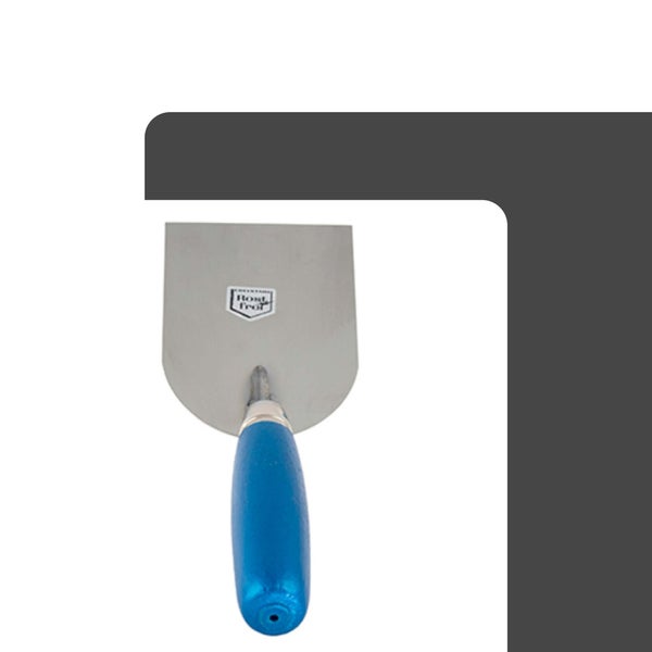Stukkateurspachtel aus rostfreiem Stahl mit blauem Griff.
