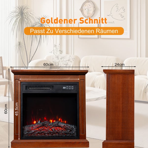 Elektrischer Kamin mit Holzrahmen und Flammenillusion, inklusive Seitenstück und Maßangaben