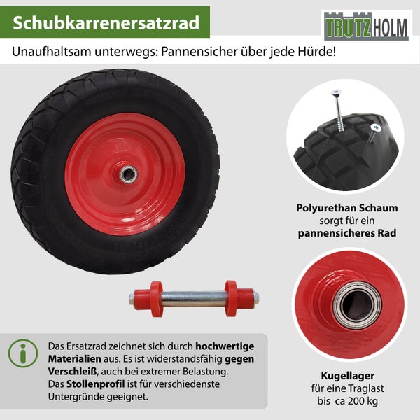 Trutzholm Schubkarrenersatzrad aus Polyurethan Schaum mit pannensicherem Stollenprofil und Kugellager für 200 Kilogramm Traglast inklusive Achse.
