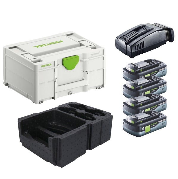 Festool Energie Set 4x BP 18 Li 4,0 Ah HPC-ASI Akkupack 18V 4,0 Ah HighPower ( 4x 205034 ) + SCA 16 Schnellladegerät 10,8 V - 18 V ( 576953 ) + Systainer