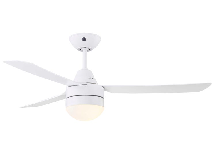 Moderner Deckenventilator mit drei Flügeln und einer runden integrierten Leuchte, Ausführung in Weiß.