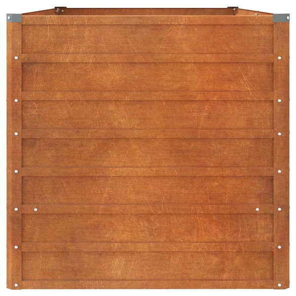 Quadratisches Hochbeet aus Cortenstahl mit horizontalen Paneelen und sichtbaren Verschraubungen.