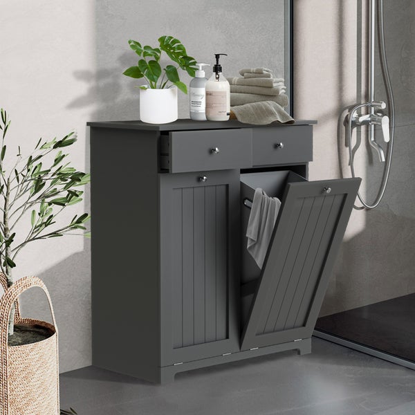 ML-Design Wäscheschrank mit 2 ausklappbaren Wäschesäcken, Grau, 75x37x90 cm, Wäschesammler mit 2 Schubladen, viel Stauraum, Wäschebox MDF, Wäschekorb Wäschetruhe Badezimmerschrank Badschrank Badmöbel