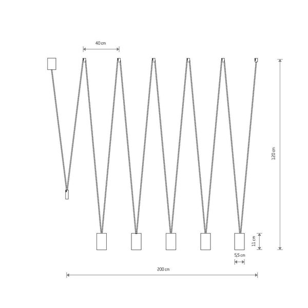 Technische Zeichnung einer Lampe mit den Maßen 40 cm, 120 cm, 11 cm, 5,5 cm und 200 cm.