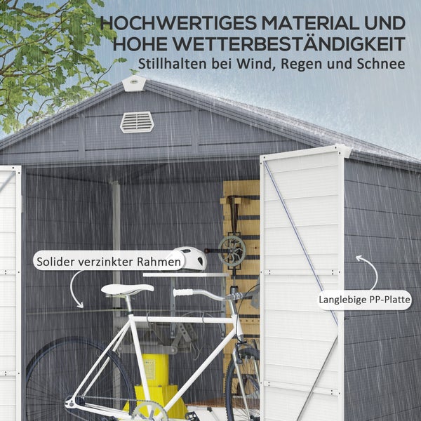 Outsunny Gerätehaus 4,1m³, Gartenhaus mit Pultdach, 240 x 190 x 180/228 cm, Geräteschuppen mit Abschließbar Tür, Fenster, Fahrradgarage, Gartenschrank aus Aluminium, für Hinterhof, Garten, Grau