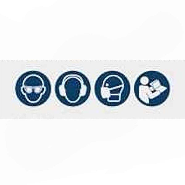 Symbole für Augenschutz, Gehörschutz, Atemschutz und Bedienungsanleitung beachten.