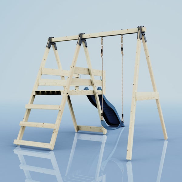 Offener Gartenpavillon aus Holz mit einer L-förmigen Loungegruppe, weißen Polstern und einem quadratischen Holztisch auf grauen Bodenplatten.