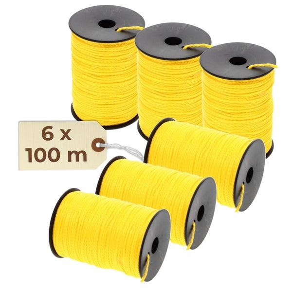 Sechs Rollen gelbe Maurerschnur mit je 100 Metern Länge