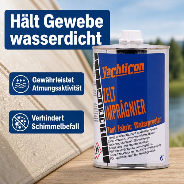 Yachticon Zelt Imprägnierer für wasserdichte Textilien wie Zelte und Markisen auf einem Holztisch stehend