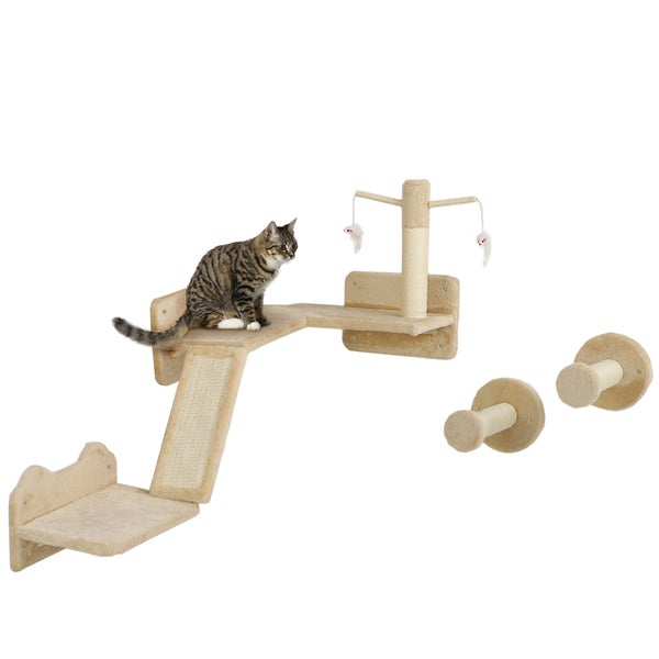 PawHut Katzen Kletterwand Set, 3-teilig Katzenmöbel mit Kratzbrett, Sprungplatten, Kratzstamm, Spielball, für Katzen bis 5 kg, Sisal, Beige