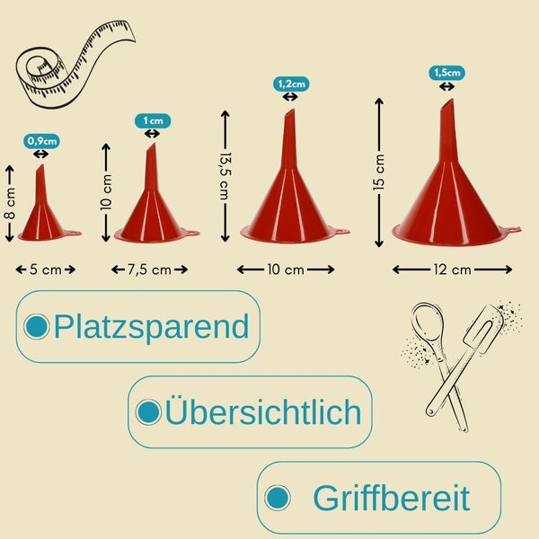 Set aus vier roten Trichtern unterschiedlicher Größe mit Maßangaben
