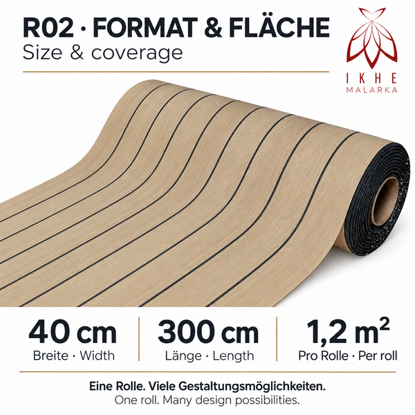 Rolle mit Bootsdeckbelag in Holzoptik mit schwarzen Fugenstreifen, 40 cm breit, 300 cm lang, 1,2 Quadratmeter Fläche, Ikhe Malarka Logo.