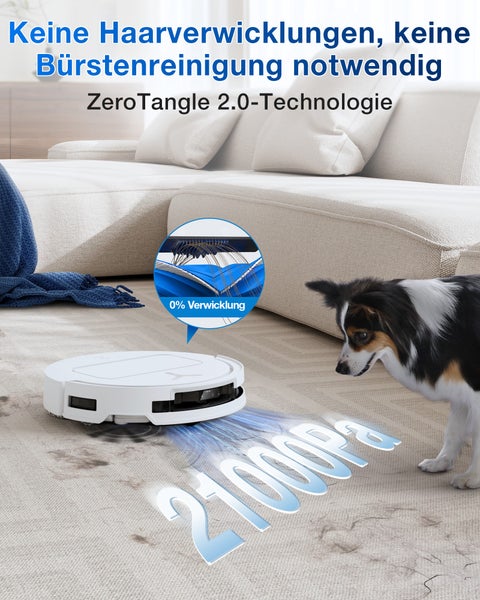 Saugroboter mit ZeroTangle 2.0-Technologie auf einem Teppich mit Tierhaaren neben einem Hund