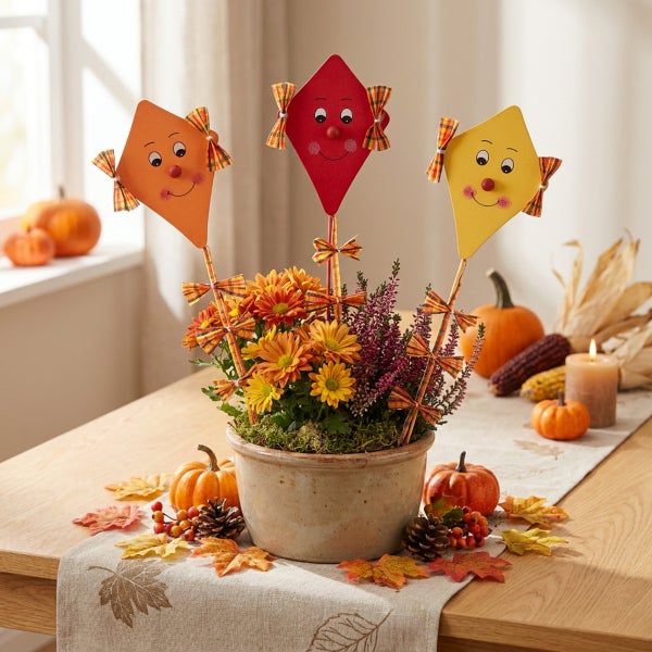 Herbstliches Gesteck im Steinguttopf mit Chrysanthemen, Heidekraut, Kürbissen, Tannenzapfen und drei dekorativen Steckern in Drachenform.