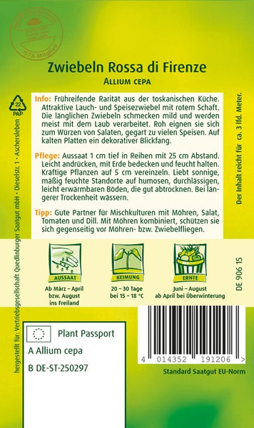 Rückseite Samentüte für Zwiebeln Rossa di Firenze mit Anbauhinweisen, Aussaat März bis August, Ernte Juni bis August, Inhalt für circa 3 laufende Meter.