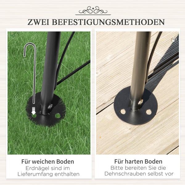 Zwei Befestigungsmethoden für Standfüße: Erdnägel für weichen Boden und Schraubenlöcher für harten Boden wie Holzterrassen.