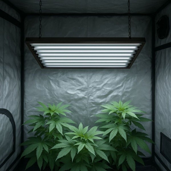 Indoor-Grow-Zelt mit einer rechteckigen LED-Pflanzenlampe, die über drei grünen Pflanzen hängt.