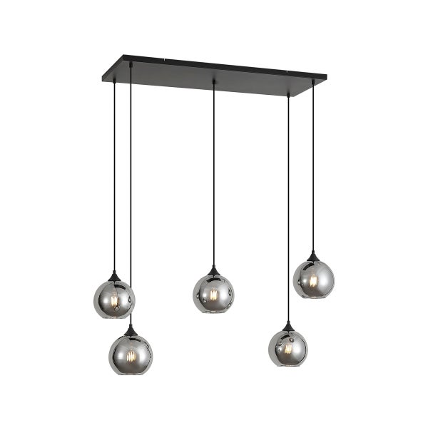 Pendelleuchte mit fünf Leuchten und runden Glasschirmen