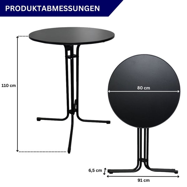 Abmessungen runder Stehtisch mit Metallgestell, Tischplatte 80 cm Durchmesser, 110 cm Höhe, Fuß 91 cm breit
