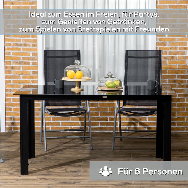 Outsunny Gartentisch, Garten Esstisch für 6 Personen, Terrassentisch mit Glastischplatte, Partytisch aus Alu, Balkontisch, Schwarz, 150 x 90 x 74 cm