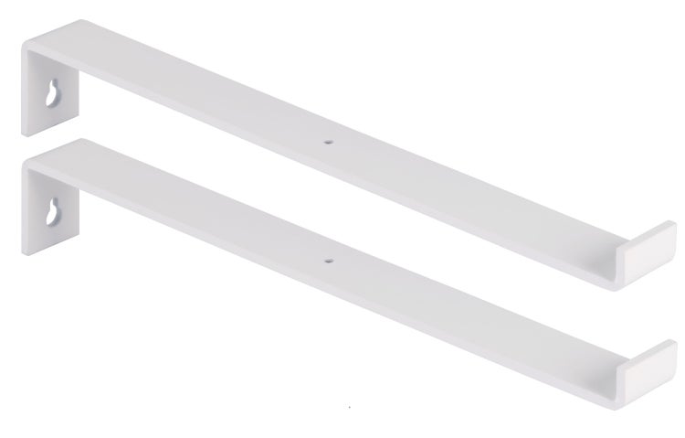 Zwei Wandregalhalterungen aus beschichtetem Metall zur stabilen Befestigung von Regalböden.