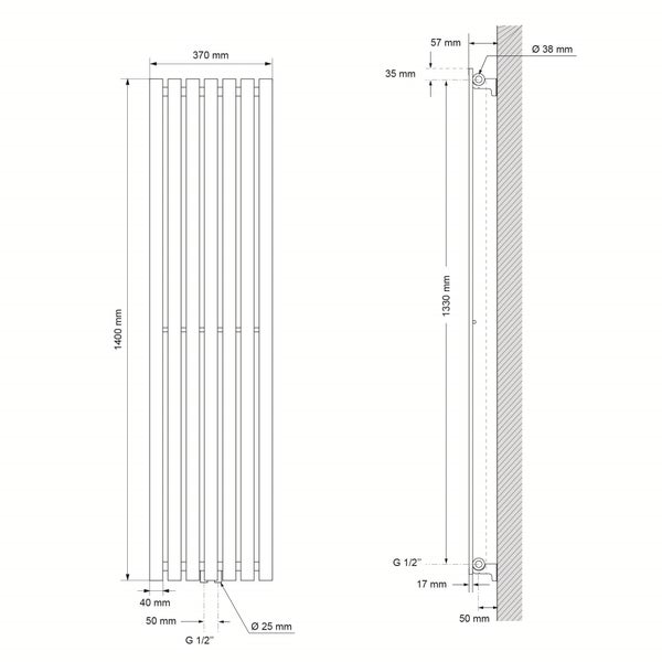 ECD Germany Paneelheizkörper Vertikal 370 x 1400 mm Anthrazit mit Mittelanschluss, Design Flach Heizkörper Einlagig Badheizkörper Flachheizkörper Designheizkörper Einreihig Heizung Badezimmer/Wohnraum
