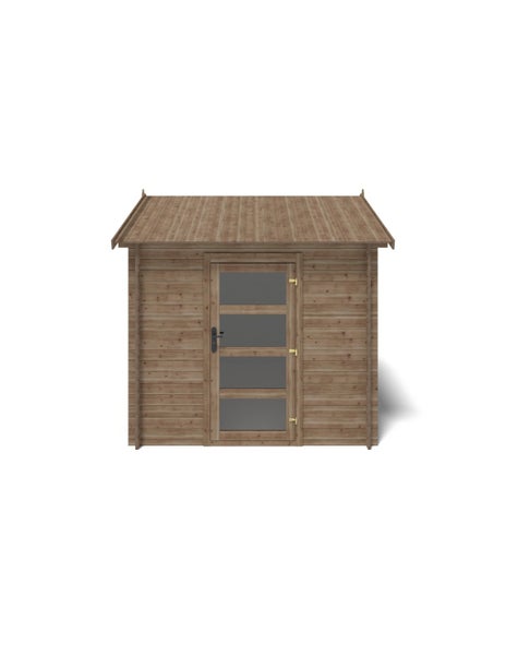 Gartenhaus aus Holz mit Einzeltür und vier Glaseinsätzen.