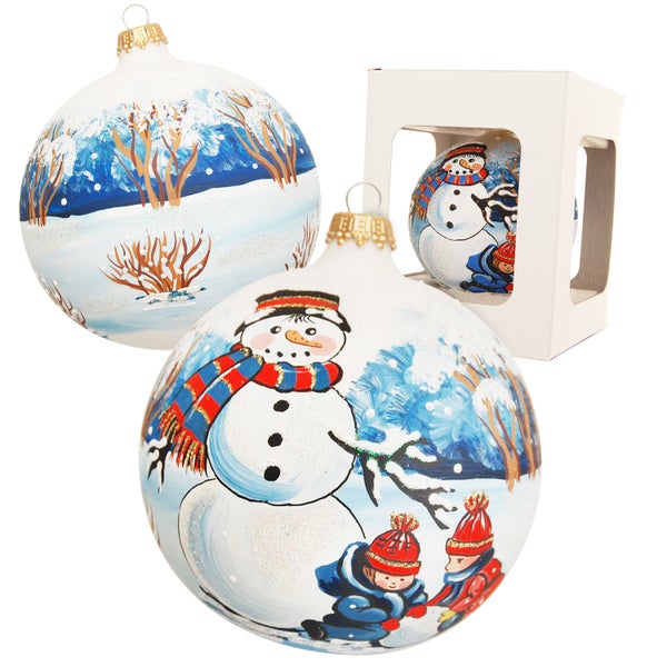 Geschenkkugel Junge & Mädchen bauen einen Schneemann, multicolor, 10cm (handbemalt), 1 Stck., Weihnachtsbaumkugeln, Christbaumschmuck, Weihnachtsbaumanhänger