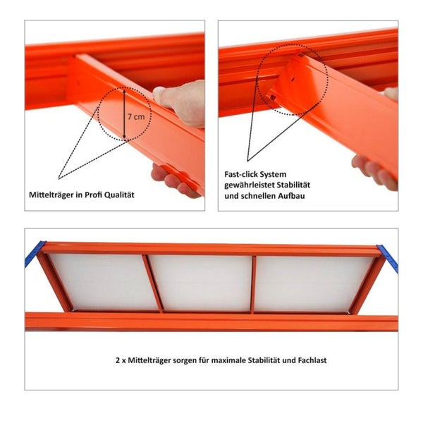Detailaufnahme eines Lagerregals mit Mittelträger für hohe Stabilität und Fachlast