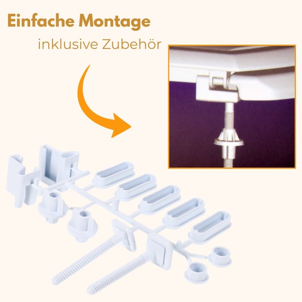 Einfache Montage eines Toilettensitzes inklusive Befestigungsset mit Scharnieren und Schrauben.