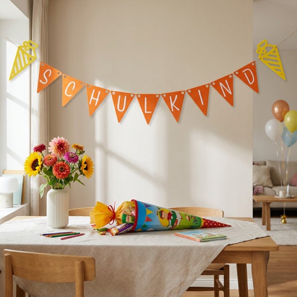 Wimpelkette mit der Aufschrift Schulkind zur Dekoration für den Schulanfang über einem Tisch mit Schultüte und Blumenstrauß.