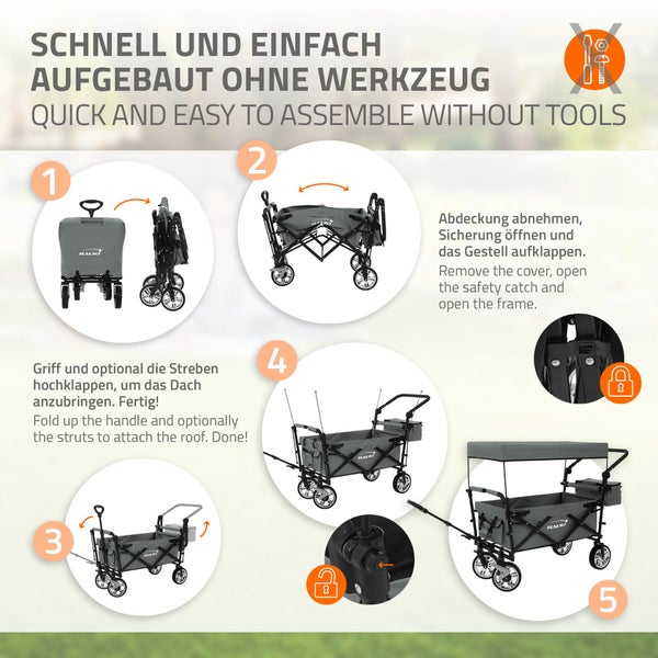 Hauki Bollerwagen XXL faltbar mit Dach & Tasche, Grau, Handwagen klappbar zum Schieben/Ziehen, Kinder Transportwagen Kinderwagen, 360° drehbare Vorderräder, PU Räder mit Bremsen, Transportkarre 120 kg