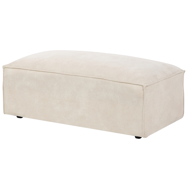 Rechteckiger Polsterhocker mit beige Stoffbezug und kleinen schwarzen Füßen.