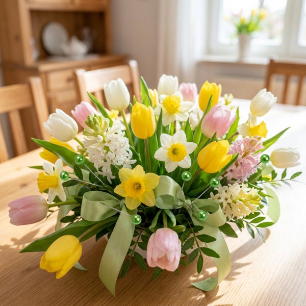 Frühlingshafter Blumenstrauß aus Tulpen, Narzissen und Hyazinthen in einer Vase mit Schleifen dekoriert auf einem Holztisch.