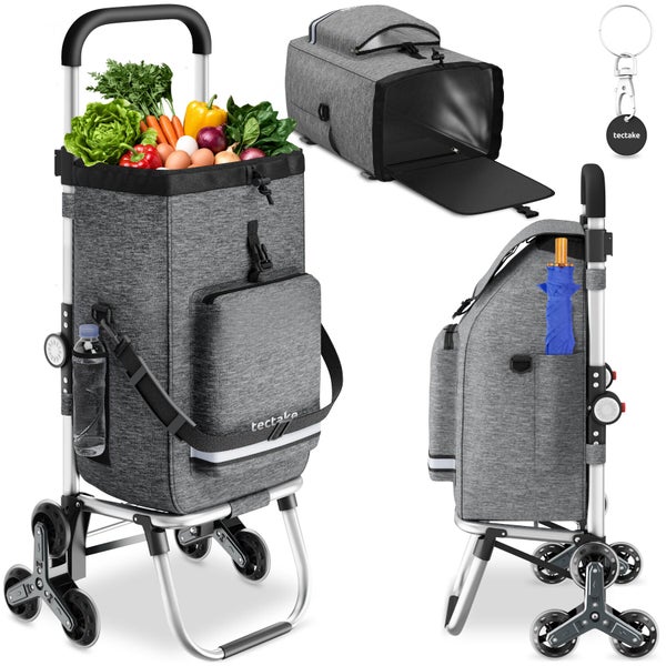Treppensteiger-Einkaufstrolley von tectake mit abnehmbarer Tasche, Thermofach, Halterungen für Flasche und Schirm, Dreirad-System und tectake Logo.