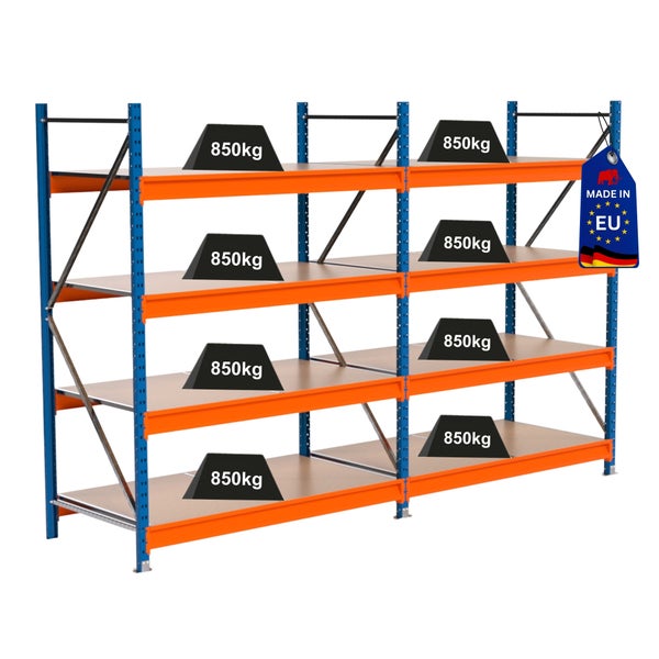 Schwerlastregal mit sechs Regalböden und einer maximalen Traglast von 850 Kilogramm pro Regalboden. Made in EU Siegel.