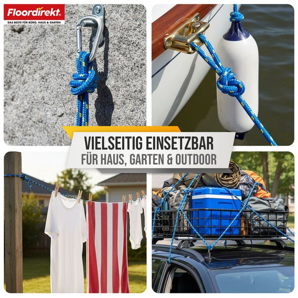Collage, die verschiedene Anwendungen eines Seils im Haus, im Garten und im Freien zeigt.