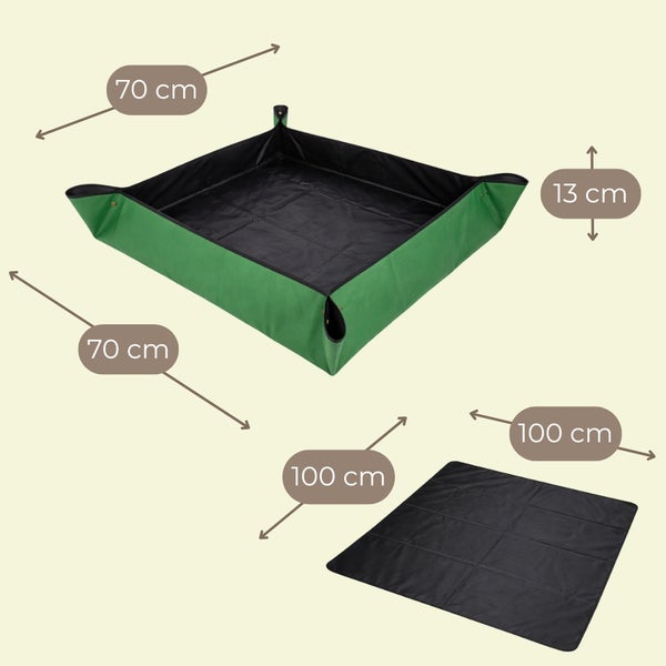 Umtopfmatte für Pflanzen, flach 100 Zentimeter mal 100 Zentimeter, als Schale 70 Zentimeter mal 70 Zentimeter und 13 Zentimeter hoch.