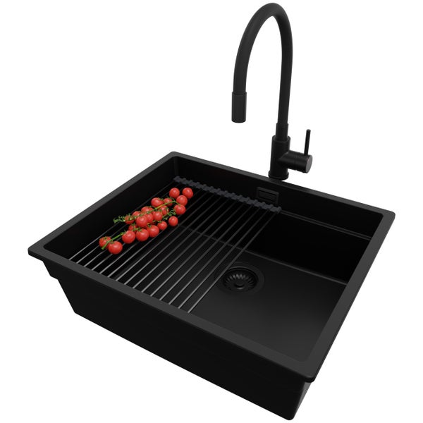 PRIMAGRAN Granitspüle Alles Schwarz 56x47cm, Spülbecken 1 Becken + Küchenarmatur 40x38cm + Ablauf-Set + Aufrollbare Abtropffläche, Küchenspüle ab 60er Unterschrank - Praga Slim