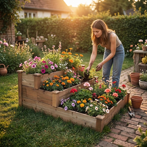 Eine Frau pflanzt bunte Blumen in ein dreistufiges Hochbeet aus Holz in einem hellen Garten mit Rasen und Steinweg.