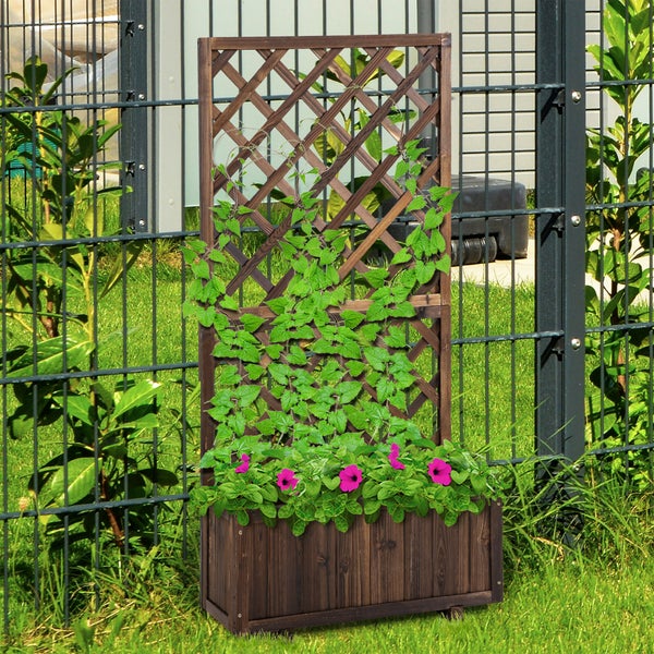 Outsunny Hochbeet Pflanzenkasten mit Rankgitter, Spalier Pflanzkübel, Blumenkasten Holz, 72,5x31,5x149,5cm für Garten Balkon Terasse, Blumenkübel für Kletterpflanzen, Blumen, Braun
