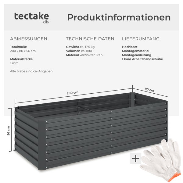 Abmessungen eines Hochbeets aus verzinktem Stahl inklusive Montagezubehör und Arbeitshandschuhen.