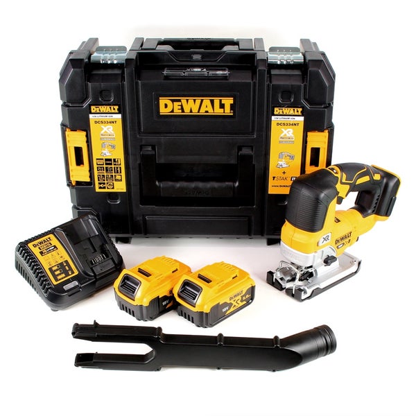 DeWalt Akku-Stichsäge DCS334 Set mit zwei 18 Volt Akkus, Ladegerät, Absaugadapter und TSTAK-Werkzeugkoffer.
