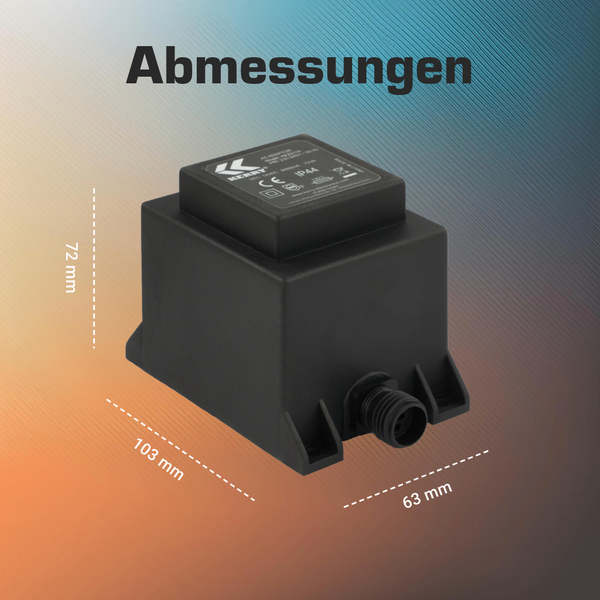 Abmessungen des schwarzen Netzadapters: Höhe 72 Millimeter, Länge 103 Millimeter, Breite 63 Millimeter.