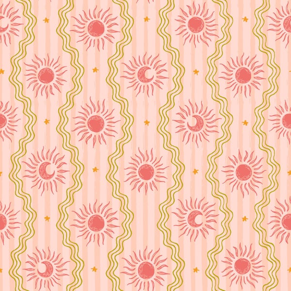 Muster mit Sonne, Mond und Sternen auf gestreiftem Hintergrund
