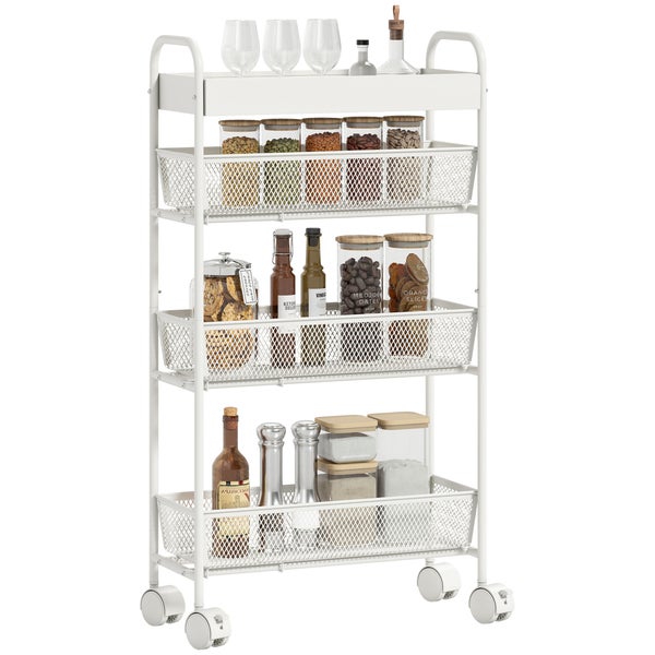 Weißer Küchenwagen mit vier Ebenen, Rollen und Gitterkörben, befüllt mit Vorratsbehältern, Gläsern und Flaschen.