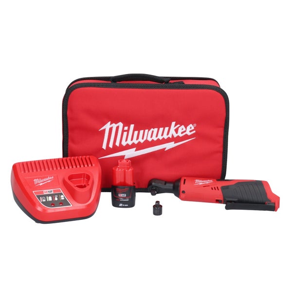 Milwaukee M12 Akku-Ratschen-Set inklusive Akku-Ratsche, M12 Akkuladegerät, 2,0 Ah Akku, Adapter und Milwaukee Werkzeugtasche.